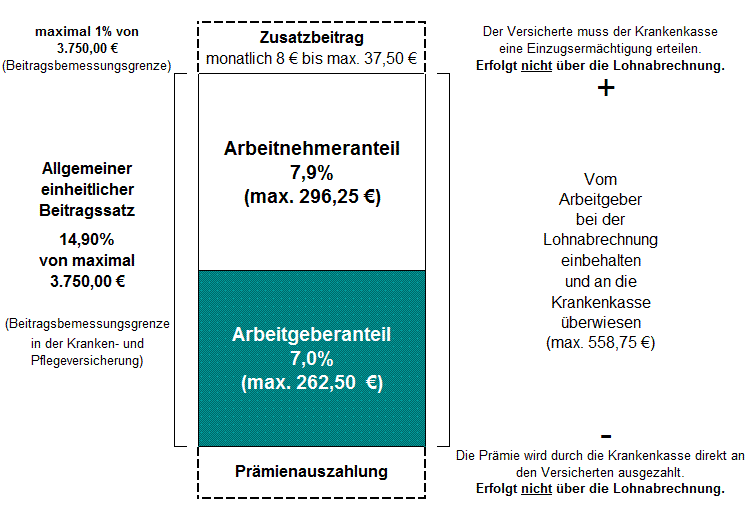 Übersicht zum Krankenversicherungsbeitrag mit Zusatzbeitrag und Prämienauszahlung für 2010