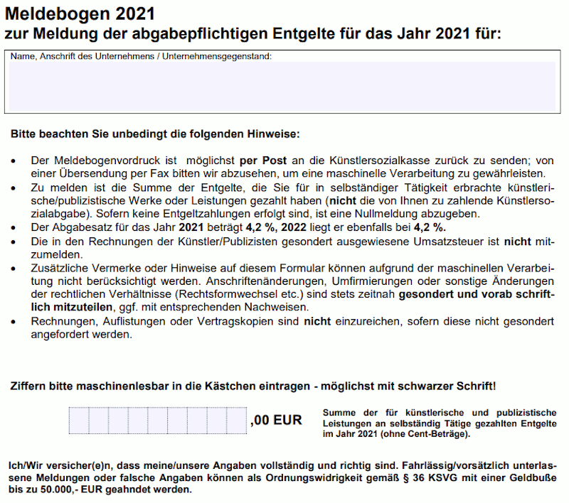 Ausschnitt aus dem Meldebogen zur Meldung abgabepflichtiger Entgelte Ausschnitt aus dem Meldebogen zur Meldung abgabepflichtiger Entgelte