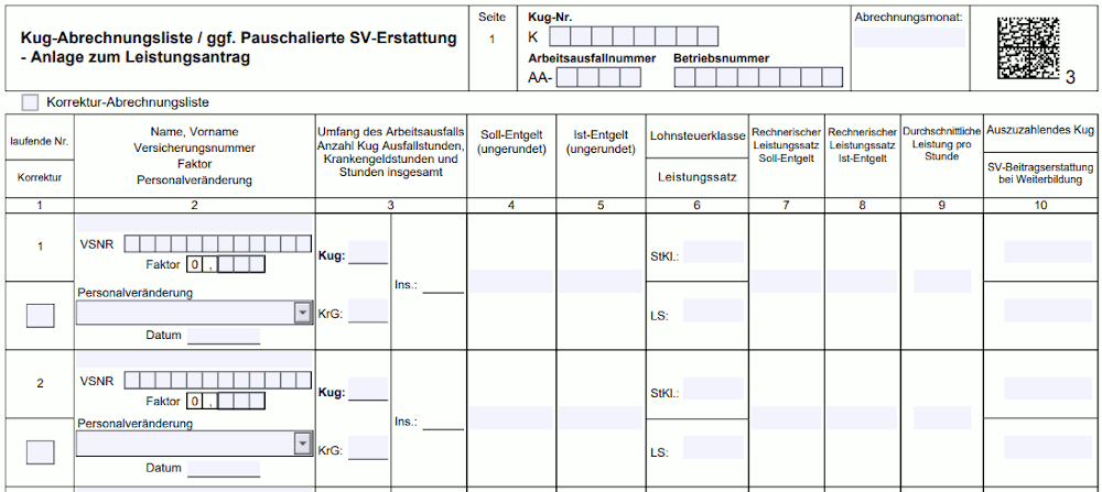 Kug-Abrechnungsliste - Anlage zum Leistungsantrag (Kug 108)