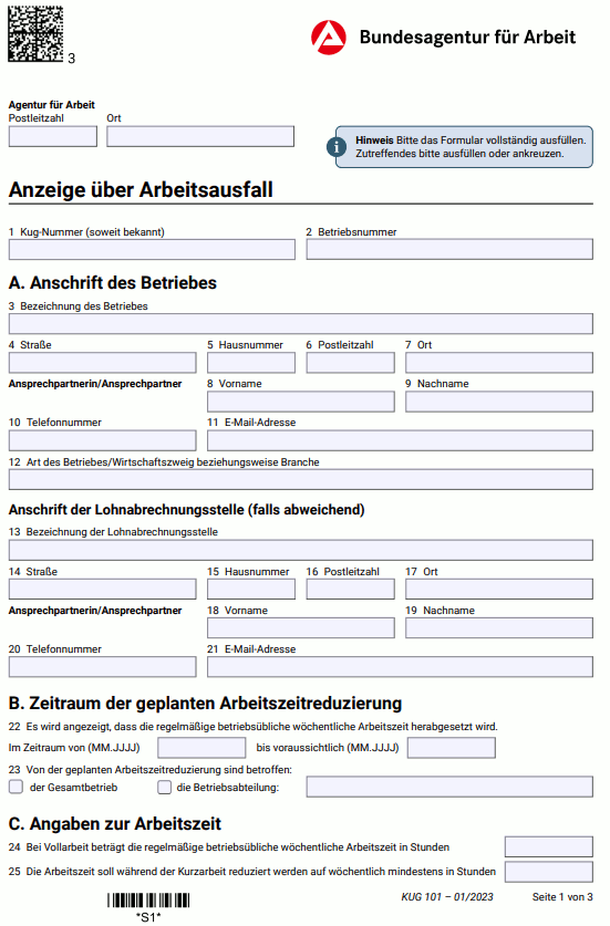 Anzeige über Arbeitsausfall (Kug 101)