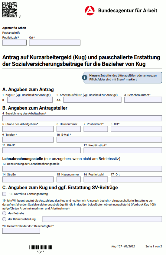 Antrag auf Kurzarbeitergeld - Leistungsantrag (Kug 107)