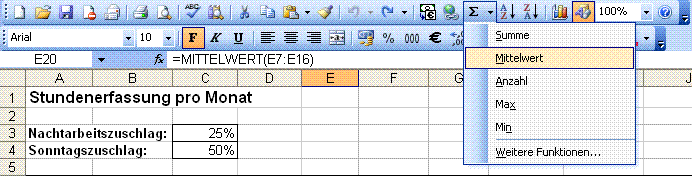 Einfügen von Funktionen in EXCEL