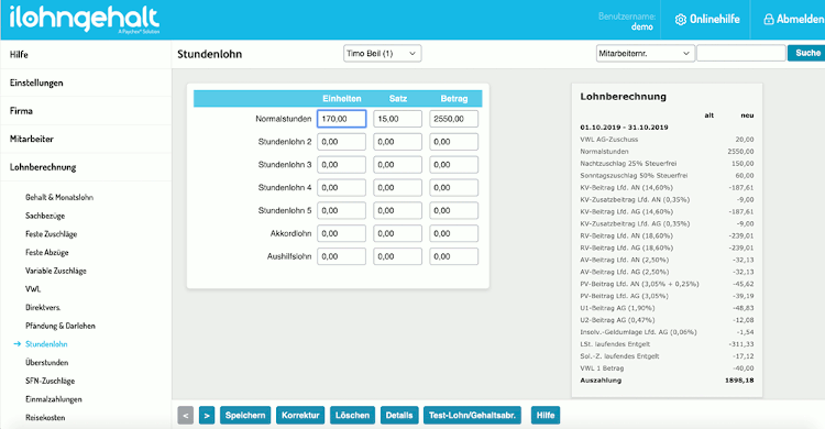 Online Lohn-Software ilohngehalt - Erfassung Stundenlohn