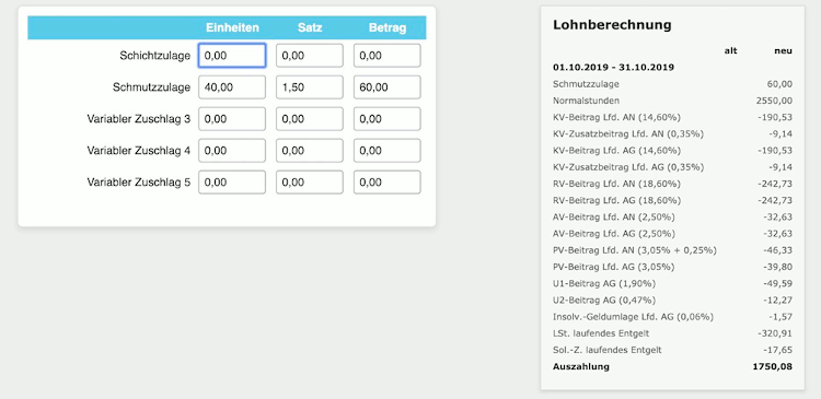 Online Lohn-Software ilohngehalt - Variable Zuschläge