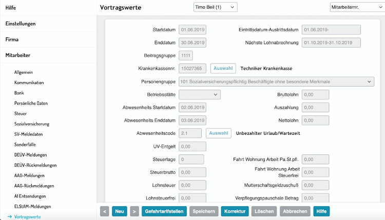 Online Lohn-Software ilohngehalt - Vortragswerte Mitarbeiter