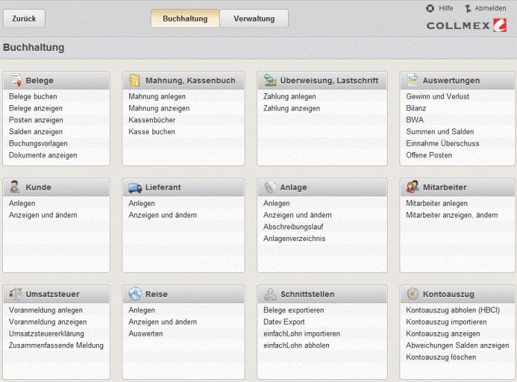 Hauptmenü Buchhaltung Collmex